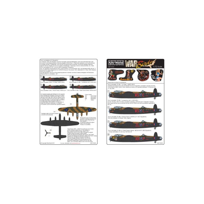 Décal Avro Lancaster BI/III (4) LM453 WS-E 'Je suis facile' ; LL845 WS-L 'Lonesome Lola' à la fois 9 Sqn