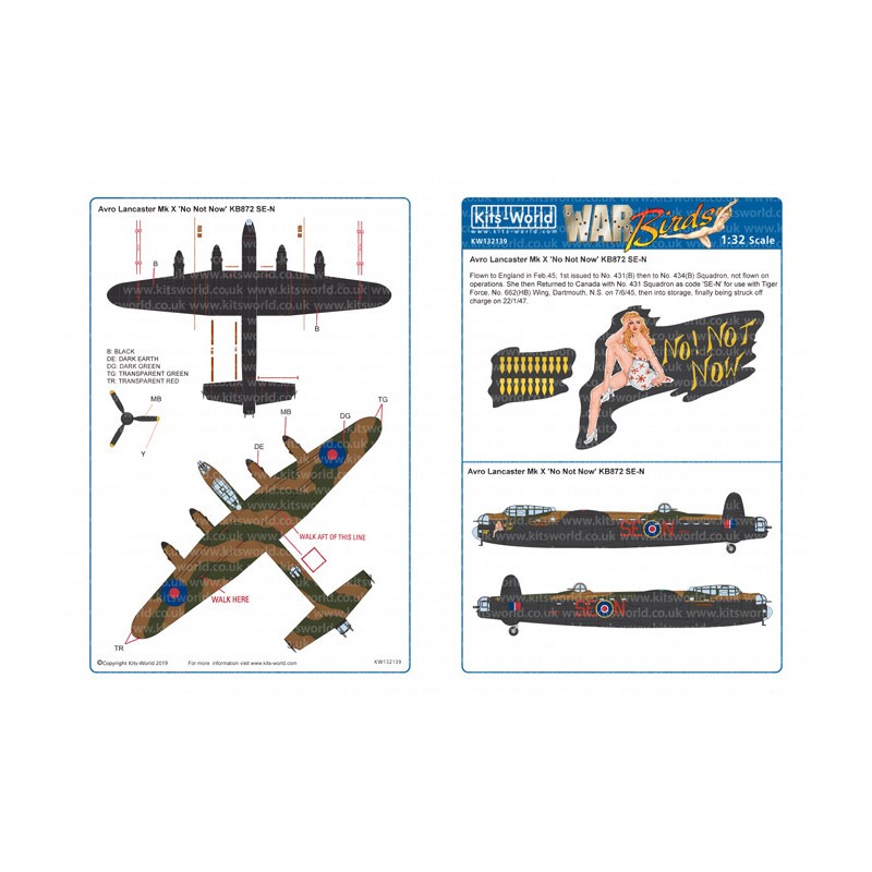 Décal Avro Lancaster Bomber 'B' MkI - 431 Squadron 'No Not Know' KB872 SE-N.