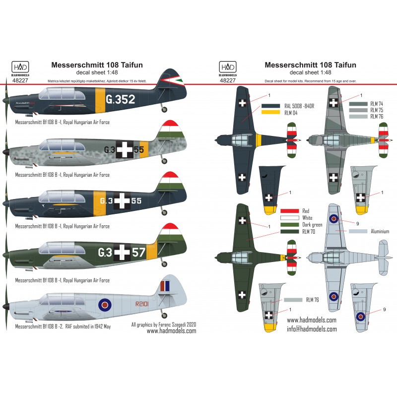 Décal Messerschmitt Bf-108 Taifun 4 x Hongrois et 1 x RAF