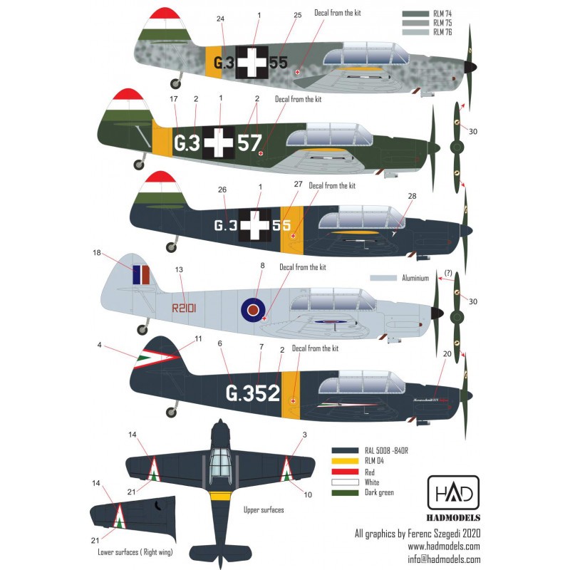 Décal Messerschmitt Bf-108 Taifun 4 x Hongrois et 1 x RAF