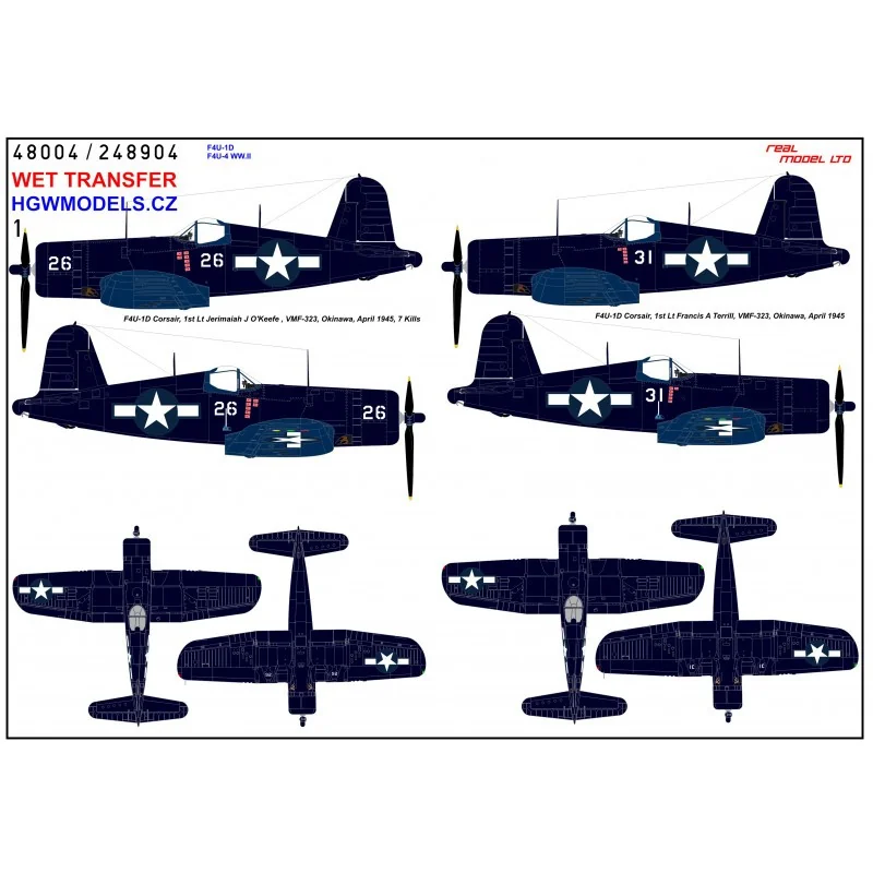 Décal Vought F4U-1D / F4U-4 Corsair WWII - Marquages