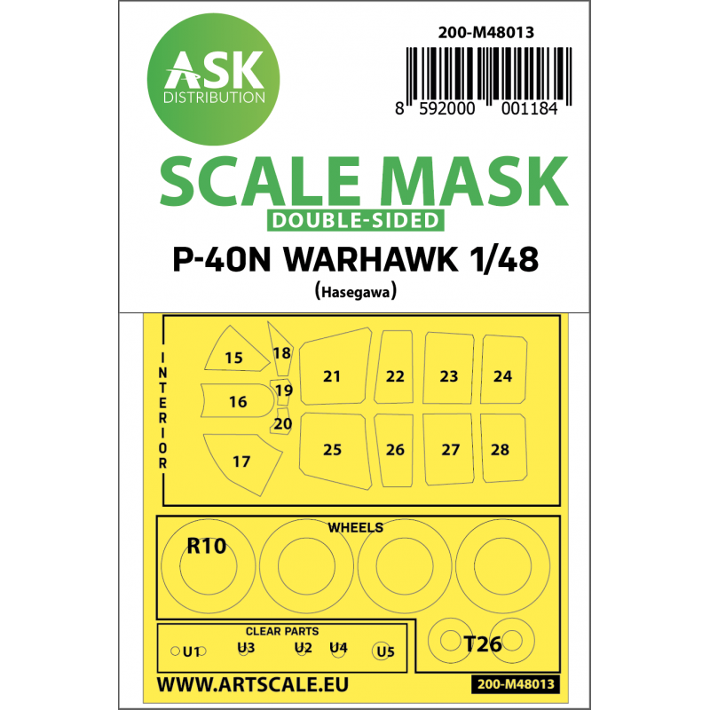 Roues et masques de canopée Curtiss P-40N Warhawk (intérieur et extérieur) (conçus pour être utilisés avec les kits Hasegawa et 