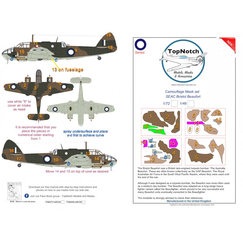 Masque de peinture à motif camouflage SEAC Bristol Beaufort Mk.I (conçu pour être utilisé avec les kits ICM)