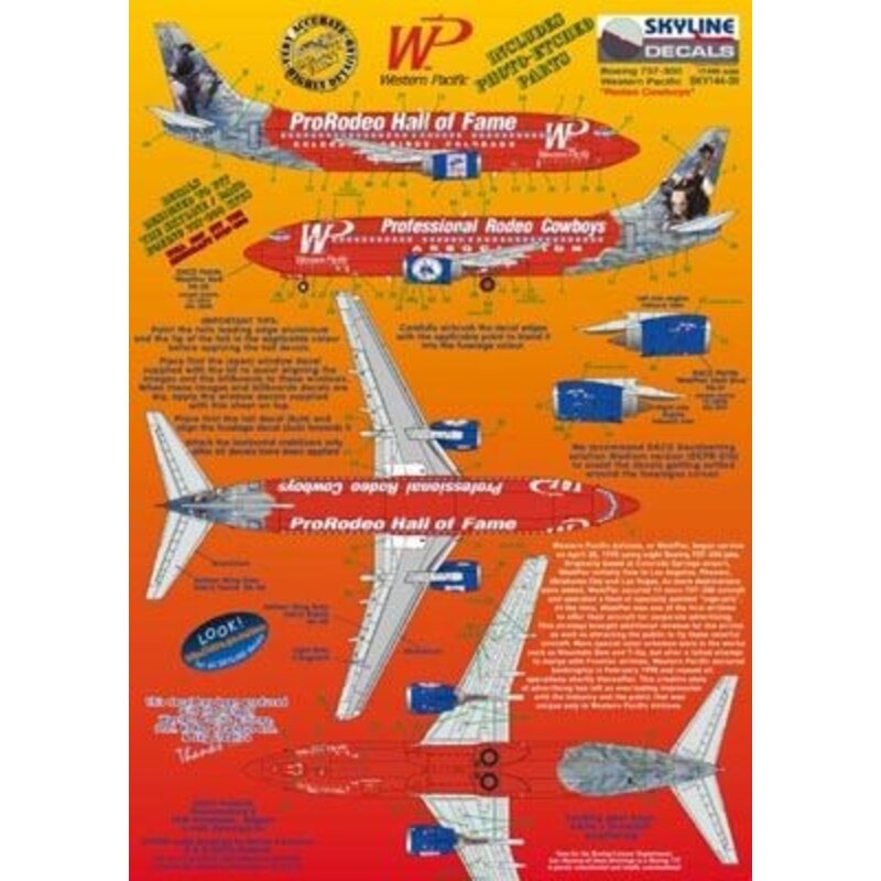 Décal Boeing 737-300 WP Western Pacific N375TA ProRodeo Hall of Fame/Professional Rodeo Cowboys includes photo etch parts.Design