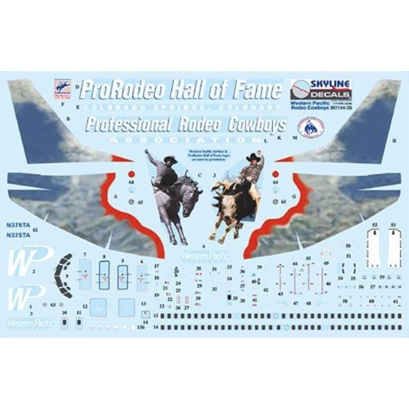 Décal Boeing 737-300 WP Western Pacific N375TA ProRodeo Hall of Fame/Professional Rodeo Cowboys includes photo etch parts.Design