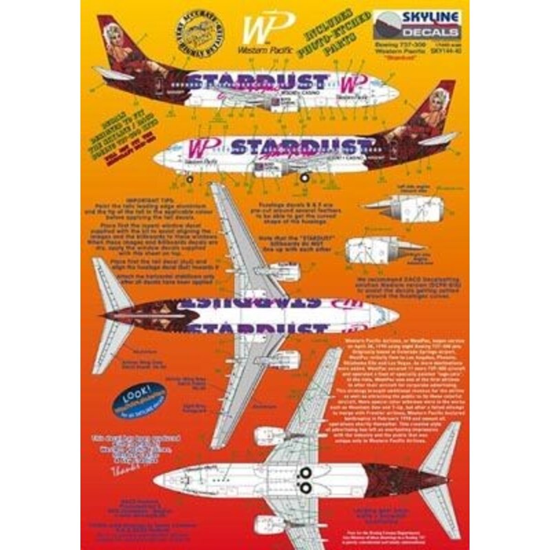 Décal Boeing 737-300 WP Western Pacific N950WP Stardust Las Vegas includes photo etch parts. Designed to fit Skyline kit SKY4403