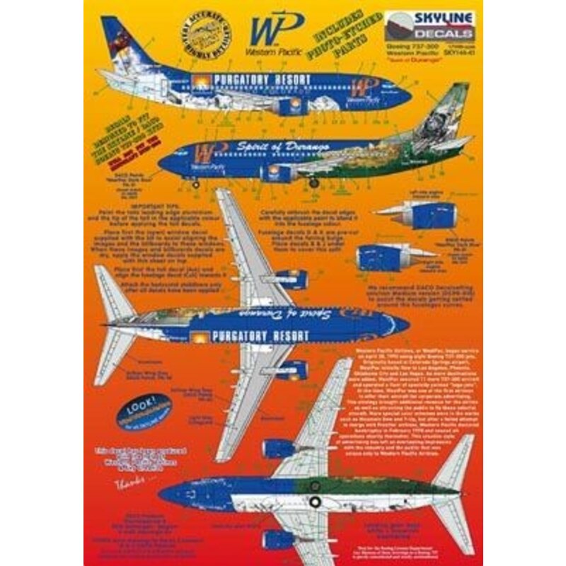 Décal Boeing 737-300 WP Western Pacific N946WP Spirit of Durango/Purgatory Resort includes photo etch parts. Designed to fit Sky