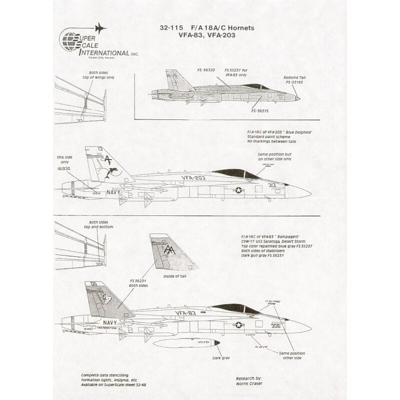 Décal McDonnell Douglas F/A-18A Hornet McDonnell Douglas F/A-18C (2) 161930 VFA-203 Blue Dolphins AF/313 163493 VFA-83 Rampagers