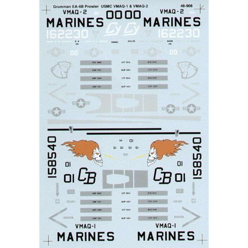 Décal Grumman EA-6B Prowlers (2) 158540 CB/01 VMAQ-1 Banshees 162230 CY-00 VMAQ-2 Panthers black fin. Both low viz greys FS35237