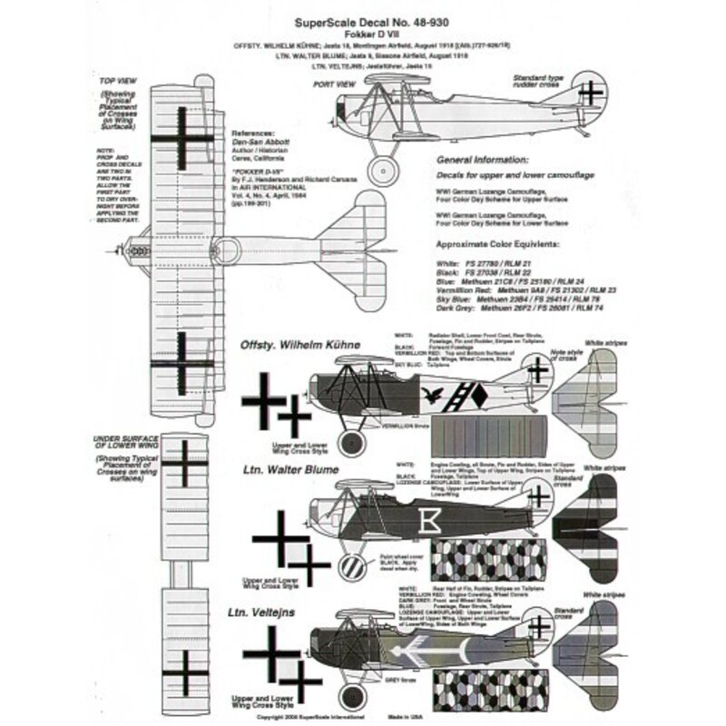 Décal Fokker DVII (3) Offsty Wilhelm Kuhne Jasta 18 black/white fuselage with bird and ladder red wings Lt Walter Blume Jasta 9 