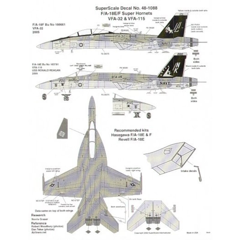 Décal McDonnell Douglas F/A-18E/F Super Hornets (2) E 165781 NK/200 VFA-115 black tails USS Ronald Reagan 2005 Mission markings 