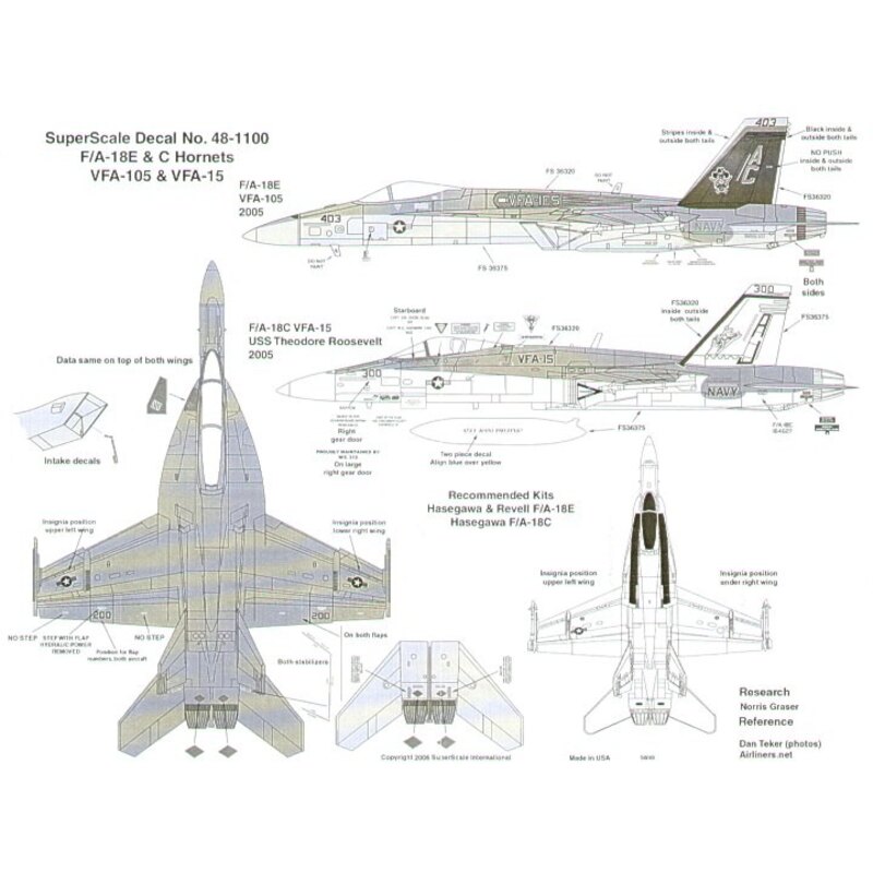 Décal McDonnell Douglas F/A-18C/E Hornets (2) C 164627 AJ/300 VFA-15 Valions CAG USS Theodore Roosevelt 166650AC/403 VFA-105 Gun