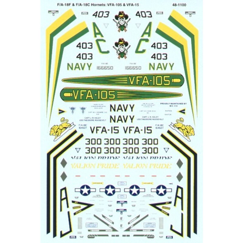 Décal McDonnell Douglas F/A-18C/E Hornets (2) C 164627 AJ/300 VFA-15 Valions CAG USS Theodore Roosevelt 166650AC/403 VFA-105 Gun