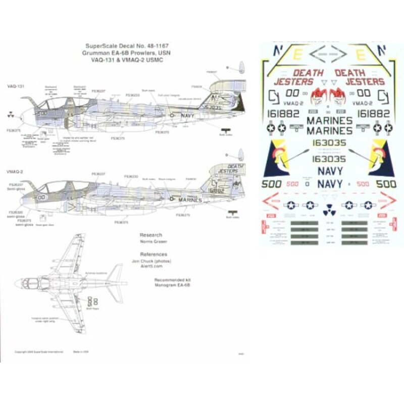 Décal Grumman EA-6B Prowler (2) 163035 NE/500 VAQ-131 USS Abraham Lincoln coloured markings 161882 CY/00 VMAQ-2 Death Jesters