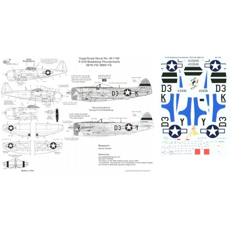 Décal Republic P-47D Thunderbolt Bubbletop Thunderbolts 397FS/368FG 9th Air Force (2) 44-33136 D3-K 1st Lt C.Price `The Jabo Ang