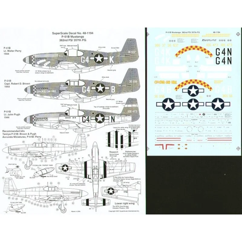 Décal North American P-51B Mustangs 362 FS/357 FG 1944 (3) 43-6637 G4-K Lt Walter Perry `Quick Check' 106473 G4-N Lt J.Pugh `Ger