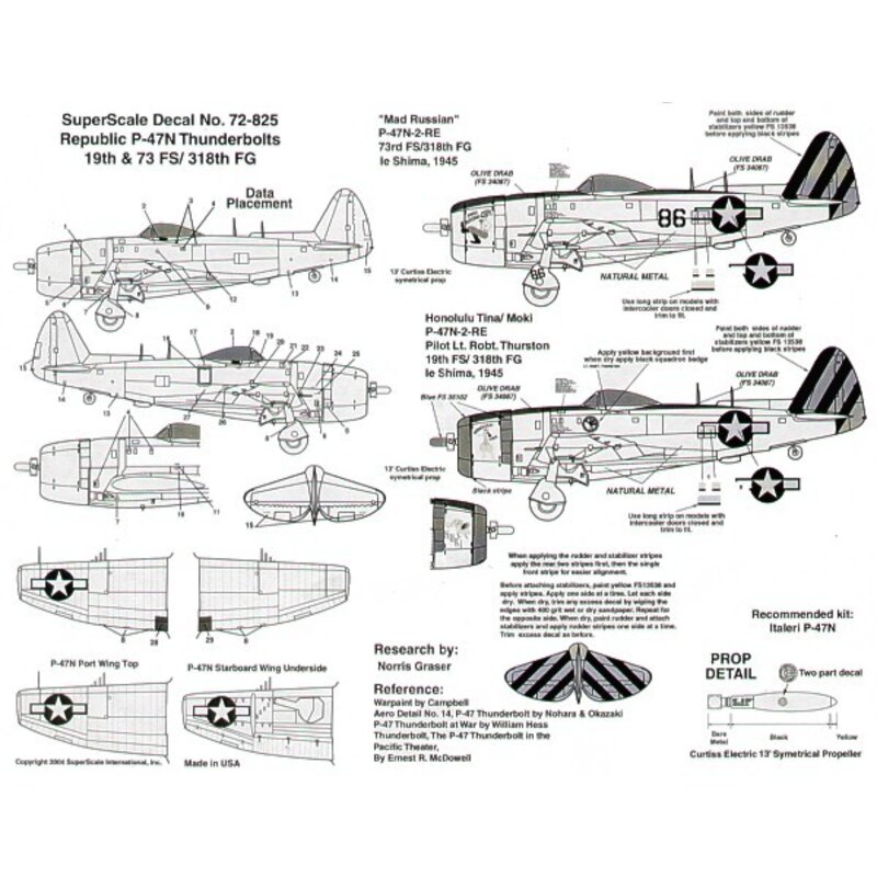 Décal Republic P-47N Thunderbolt (2) No 86 73FS 'Mad Russian' 19FS 'Honolulu Tina/Moki' Lt Robt Thurston. Both 318FG yellow/blac