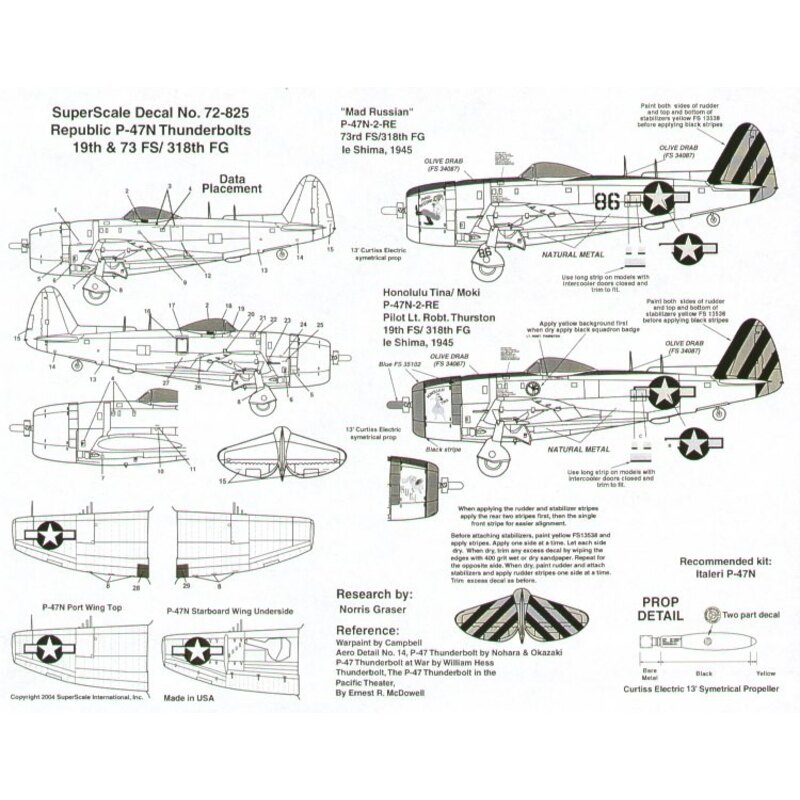 Décal Republic P-47N Thunderbolt (2) No 86 73FS 'Mad Russian' 19FS 'Honolulu Tina/Moki' Lt Robt Thurston. Both 318FG yellow/blac