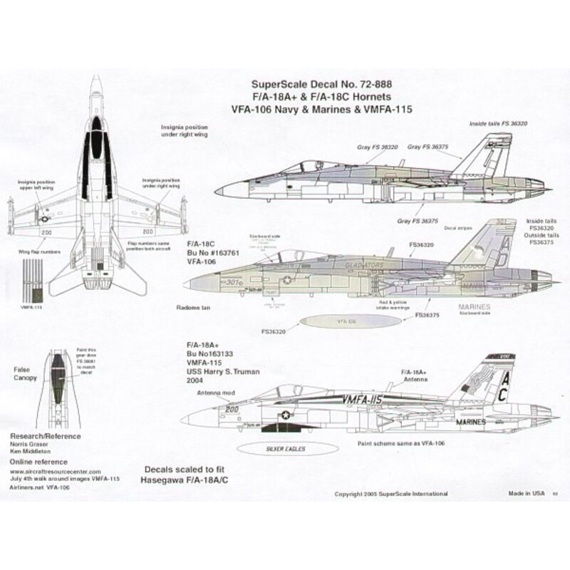 Décal McDonnell Douglas F/A-18A Hornet McDonnell Douglas F/A-18C Hornets (2) A 163133 AC/200 VMFA-115 Silver Eagles CAG USS Harr