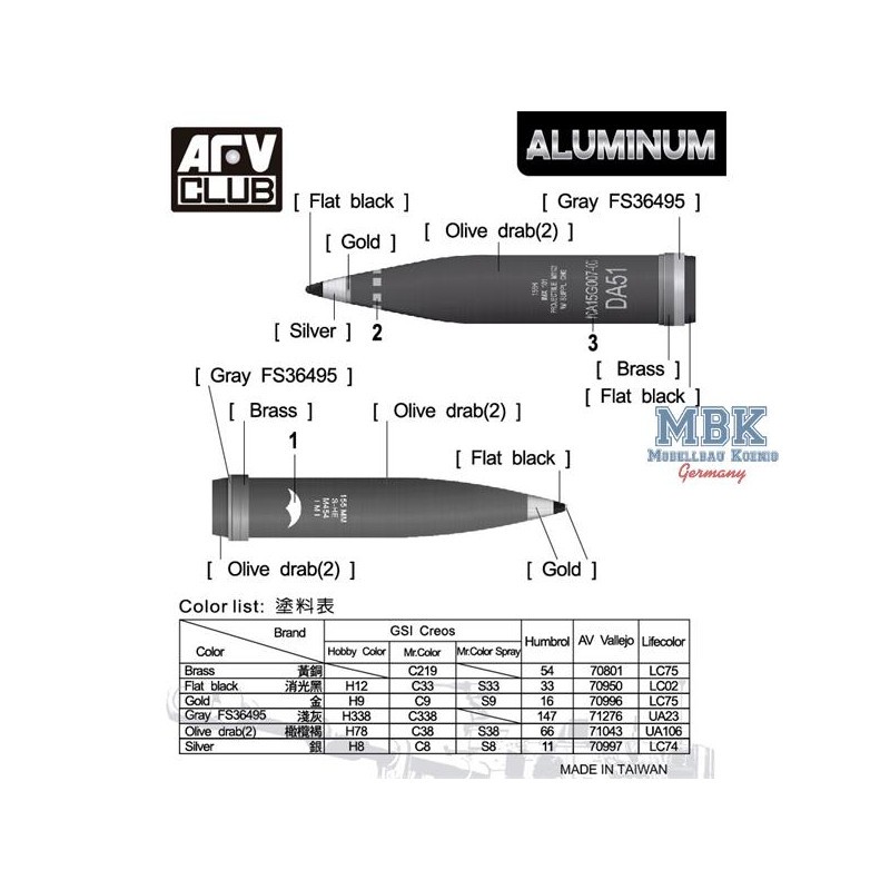 Aluminum 155mm Artillery Shell M1122 & M454 AFV Club AG35055