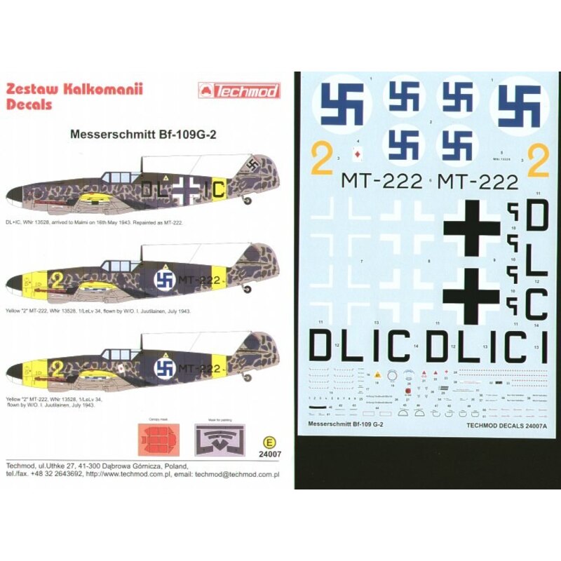 Décal Messerschmitt Bf 109G-2 in Finnish service (3) DL+IC in delivery scheme and two versions as Yellow 2 MT-222 with 1/LeLv 34