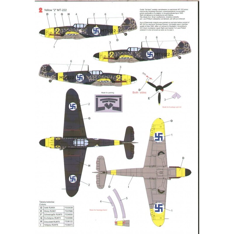 Décal Messerschmitt Bf 109G-2 in Finnish service (3) DL+IC in delivery scheme and two versions as Yellow 2 MT-222 with 1/LeLv 34