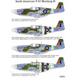 Décal North American P-51B Mustang III (4) 315 Polish Sqn 1944. FB398 PK-A FZ154 PK-N both with D-Day stripes FB145 PK-F FB387 P