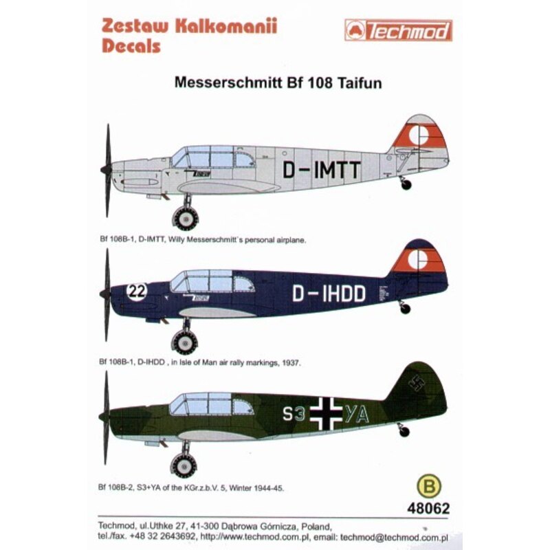 Décal Messerschmitt Bf 108 Taifun Part 1. (3) D-IMTT Willy Messerschmitt's personal aircraft overall RLM 63 light grey D-IHDD/22