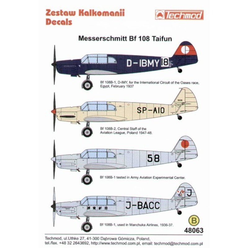 Décal Messerschmitt Bf 108 Taifun Part 2. (4) D-IBMY International Circuit of the Oasis race Egypt 1937 overall RLM 24 blau SP-A