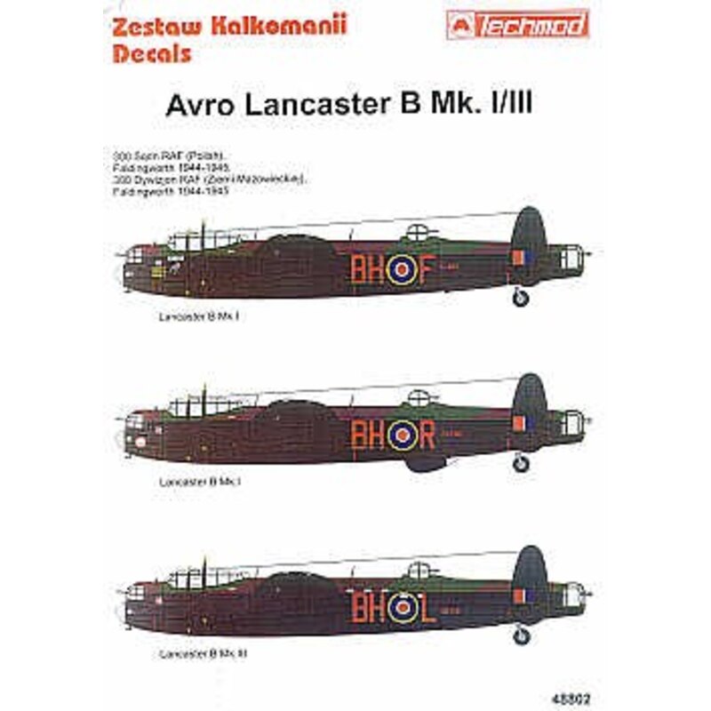 Décal Avro Lancaster B I/III (3) LL804 BH-F PB730 BH-R ED779 BH-L all from 300 (Polish) Sqd RAF Faldingworth 1944-45. Small nose