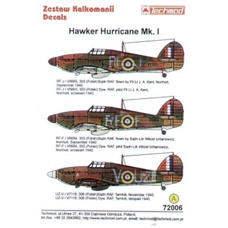 Décal Hawker Hurricane Mk.I (3) V6665 RF-J Flt Lt J.A.Kent V6684 RF-F S/L Witold Urbanowicz. both 303 (Polish) Sqn Northolt 9/19