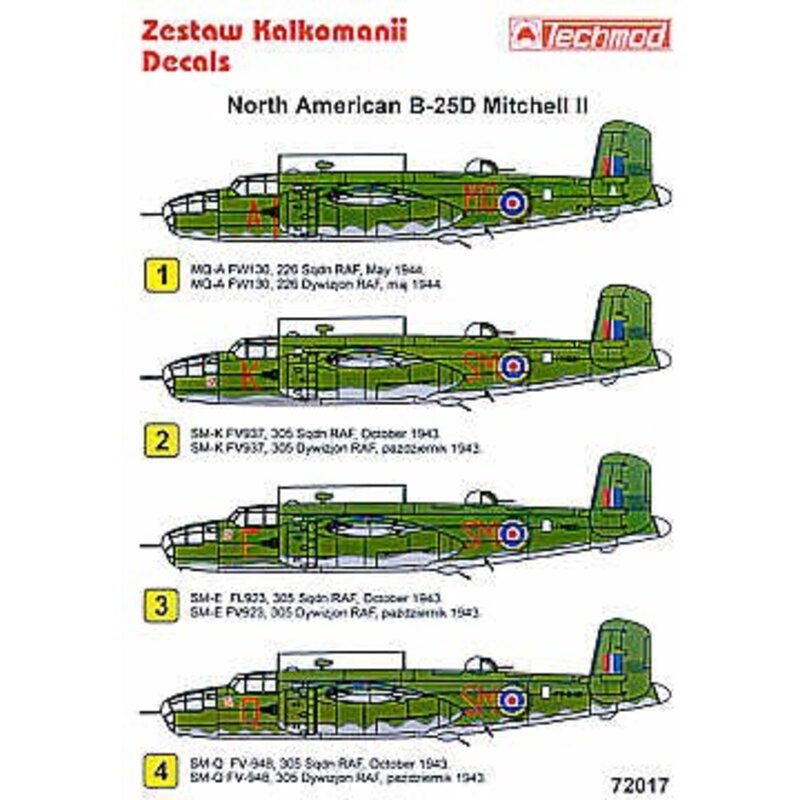 Décal North American B-25D Mitchell (4) FV937 SM-K FL923 SM-F FV948 SM-Q all 305 Sqn 1943 FW130 MQ-A 226 Sqn all Olive Drab/Neut