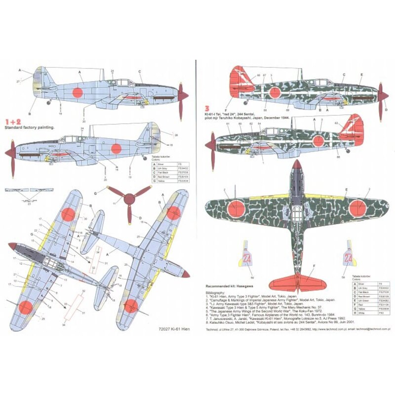 Décal Kawasaki Ki-61-I Hien (3) `Blue 24' 244 Sentai April and May 1945 `Red 24' 244 Sentai December 1944