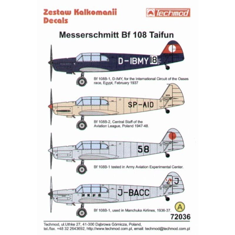 Décal Messerschmitt Bf 108 Taifun Part 2. (4) D-IBMY International Circuit of the Oasis race Egypt 1937 SP-AIO Central Staff of 