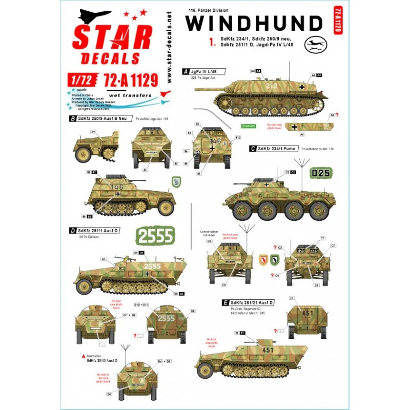 Windhund 1. 116. Pz Division Windhund. Sd.Kfz.234/1, Sd.Kfz.250/9 neu, Sd.Kfz.251/1 D, Jagd-Pz IV L/48.