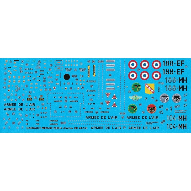 Décal Dassault Mirage 2000-5F 'Corse' : 188-EF N°45 Djibouti 2013, 104-MH N°67 ('Lorraine') Al-Dhafra (Dubaï) 2011, 188-MH N°67 