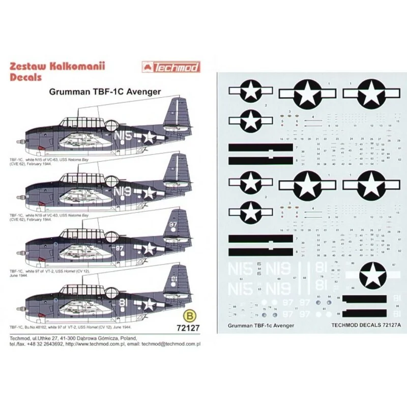 Décal Grumman TBF-1C Avenger (4) N15 and N19 VC-63 USS Natoma Bay 1944 81 and 97 VT-2 USS Hornet 1944 All Sea Blue/Intermediate 