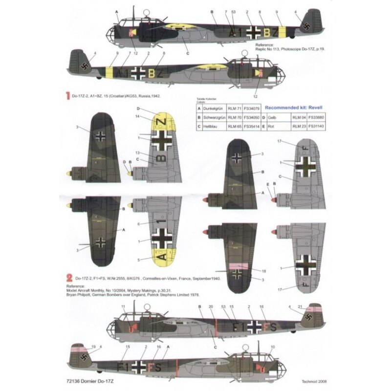 Décal Dornier Do 17Z (6) A1+BZ 15 (Croatian)KG53 Russia 1942 F1+FS 8/KG76 France 1940 5K-BN 5/KG3 East Prussia 1938 DN-53 3/LeLv