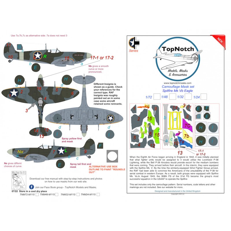 Masques de peinture à motif camouflage Supermarine Spitfire Mk.Vb Eagle (conçus pour être utilisés avec les kits Revell et Tamiy