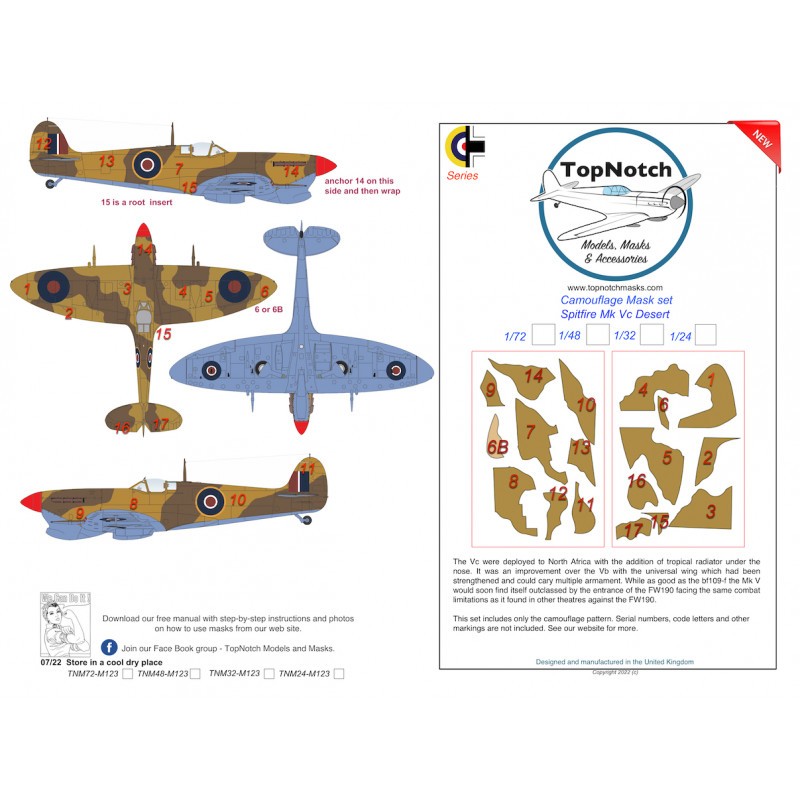 Masques de peinture à motif de camouflage Supermarine Spitfire Mk.Vc Desert (conçus pour être utilisés avec les kits Airfix et R