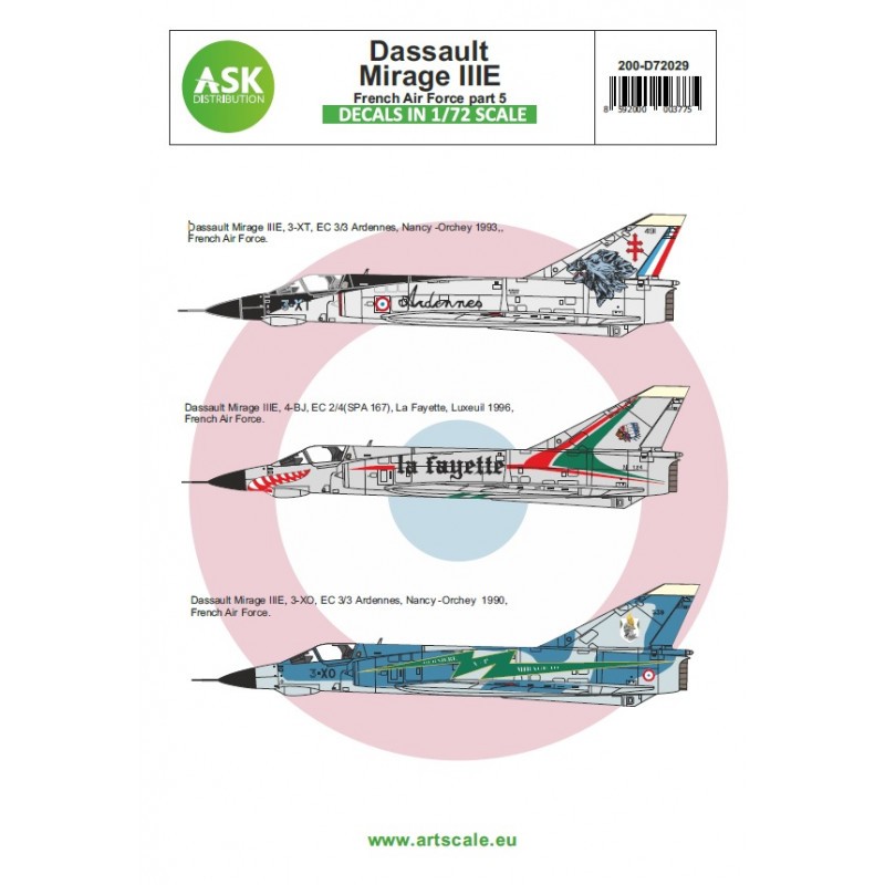 Dassault Mirage IIIE French Air Force - part 5. Contain 1/72 decals for 3 markings + stencils