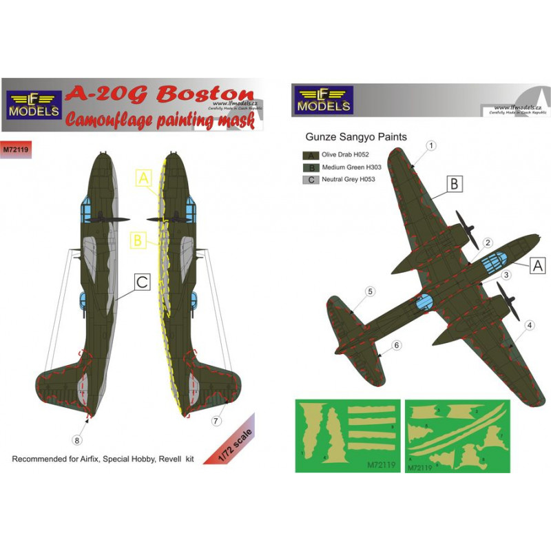 Masques de peinture à motif camouflage Douglas A-20G Boston (conçus pour être utilisés avec les kits Airfix, Revell et Special H