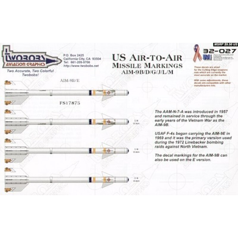 Décal US Air-to-Air Missile Markings for AIM-9B/D/G/J/L/M and AIM-7E-2/M. Now you can smarten up the missiles on your model with