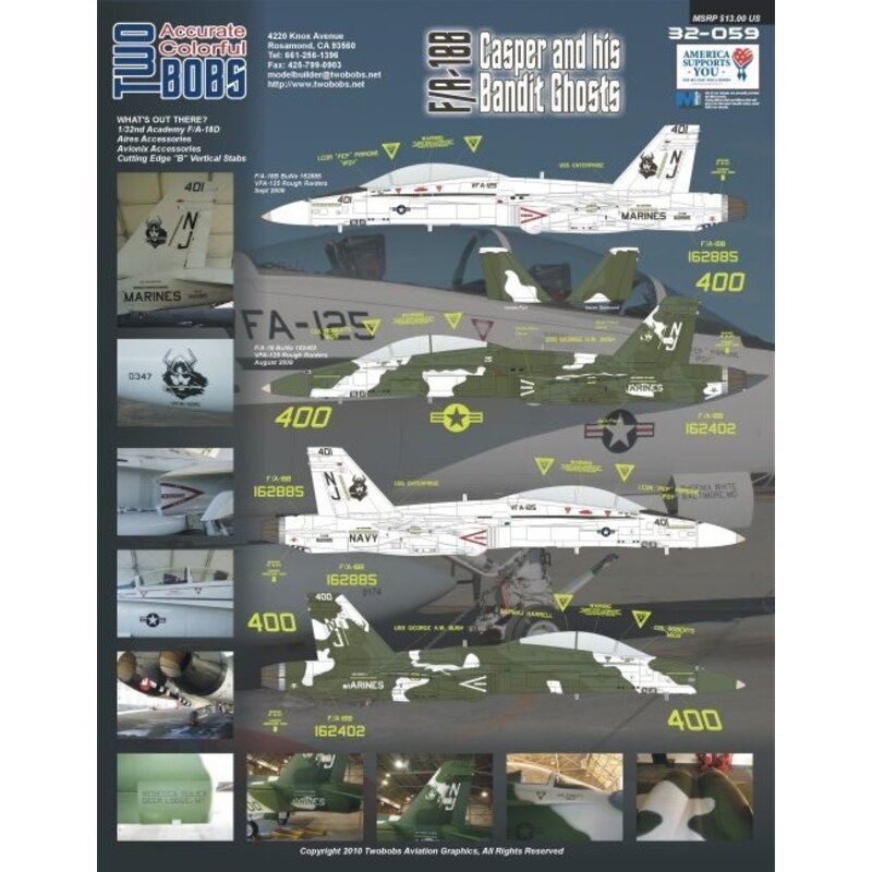 Décal McDonnell Douglas F/A-18B Casper and His Bandit Ghosts. Enough markings for five complete aircraft from the Rough Raiders 