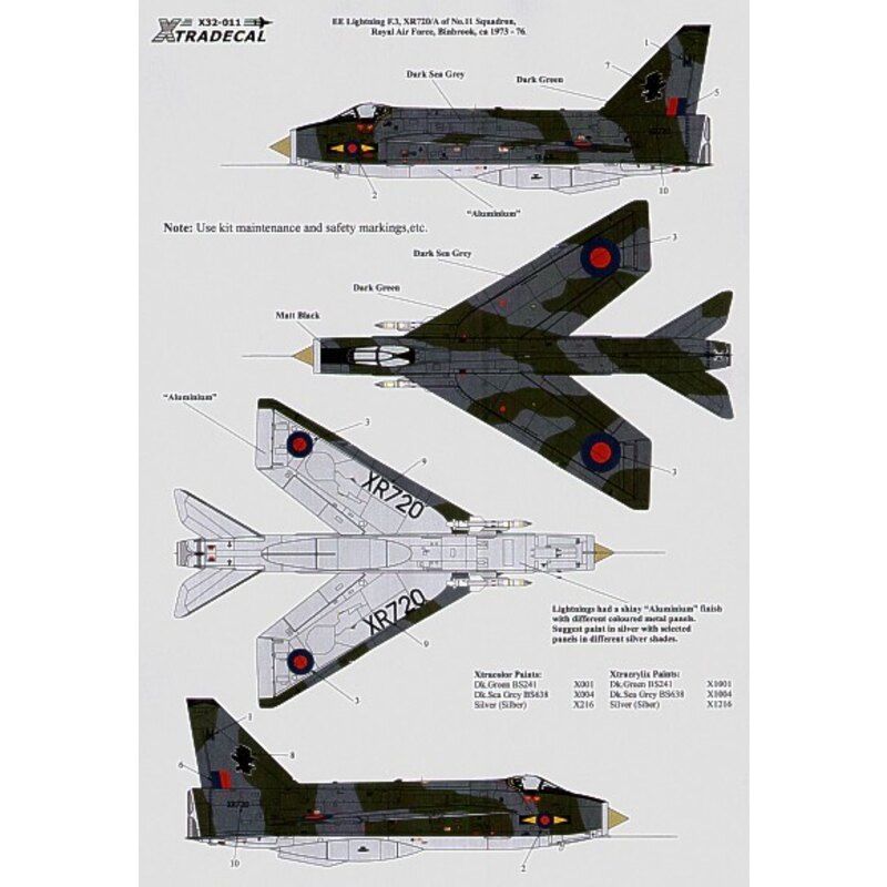 Décal BAC/EE Lightning F.3 XR720/M 11 Sqn RAF Binbrook 1973-76. Green/Grey camouflage