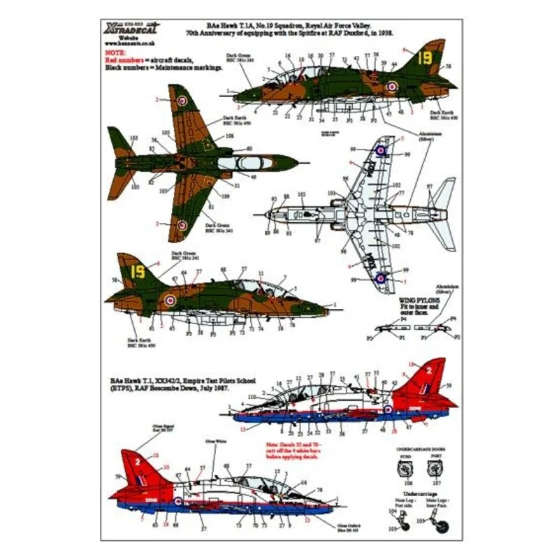 Décal BAe Hawk T.1/T.1A (2) XX343/2 Empire Test Pilots School (ETPS) Boscombe Down July 1987. Rasberry Ripple scheme with red fi