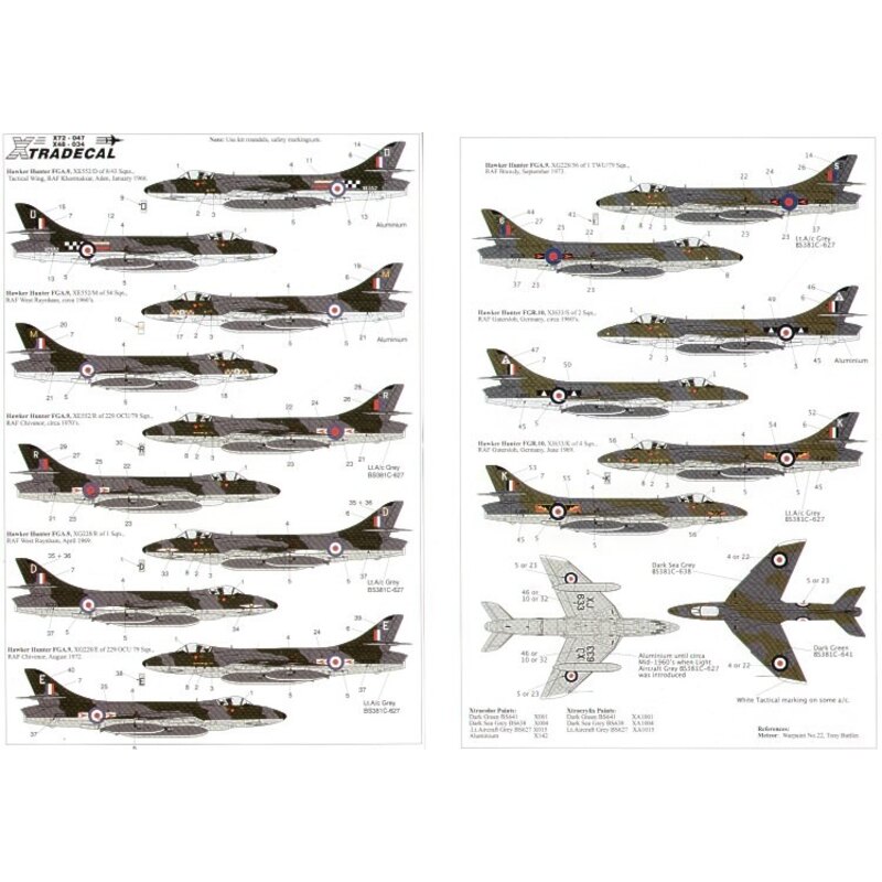 Décal Hawker Hunter FGA.9/FR.10 (7 Sqns 3 a/c) XE552/M 54 Sqn D/8/43 Sqns R/229OCU/79 Sqn all r/w/b roundels XG228/D 1 Sqn E/229