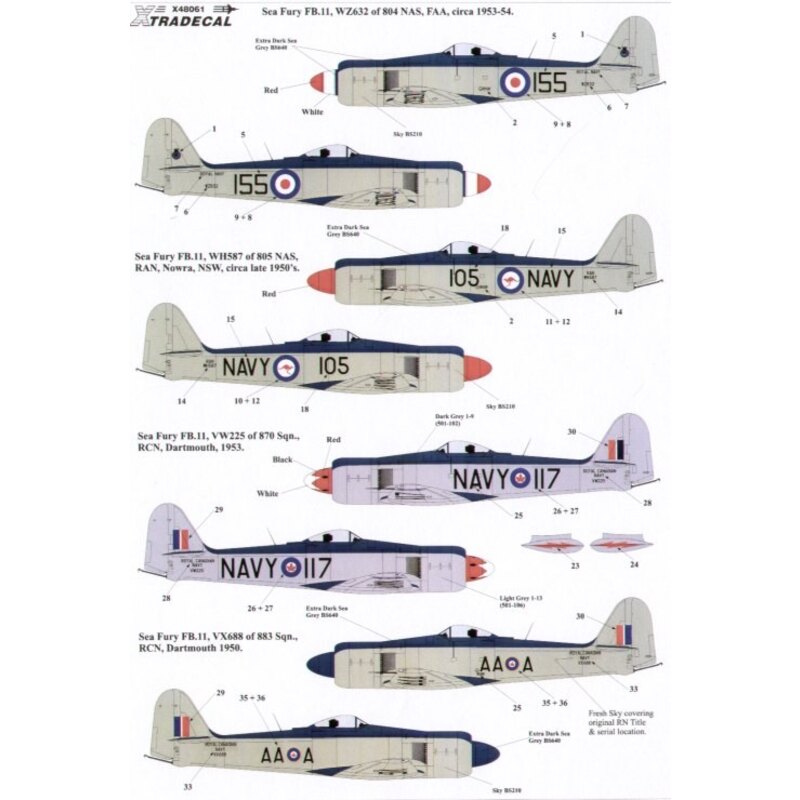 Décal Hawker Sea Fury FB 11 (4) WZ632/155 804 NAS 1953 WH587/105 805 NAS RAN Nowra NSW 1950 VW225/117 870 Sqn VX688 AA-A 883 Sqn