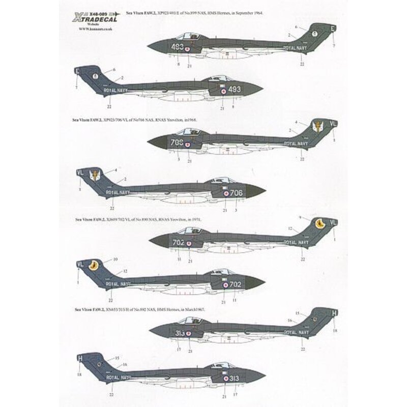 Décal de Havilland Sea Vixen FAW.2 (4) XP923/493/E 899 NAS HMS Hermes 1964 or XP923/706/VL 766 NAS RNAS Yeovilton 1968 XJ609/702