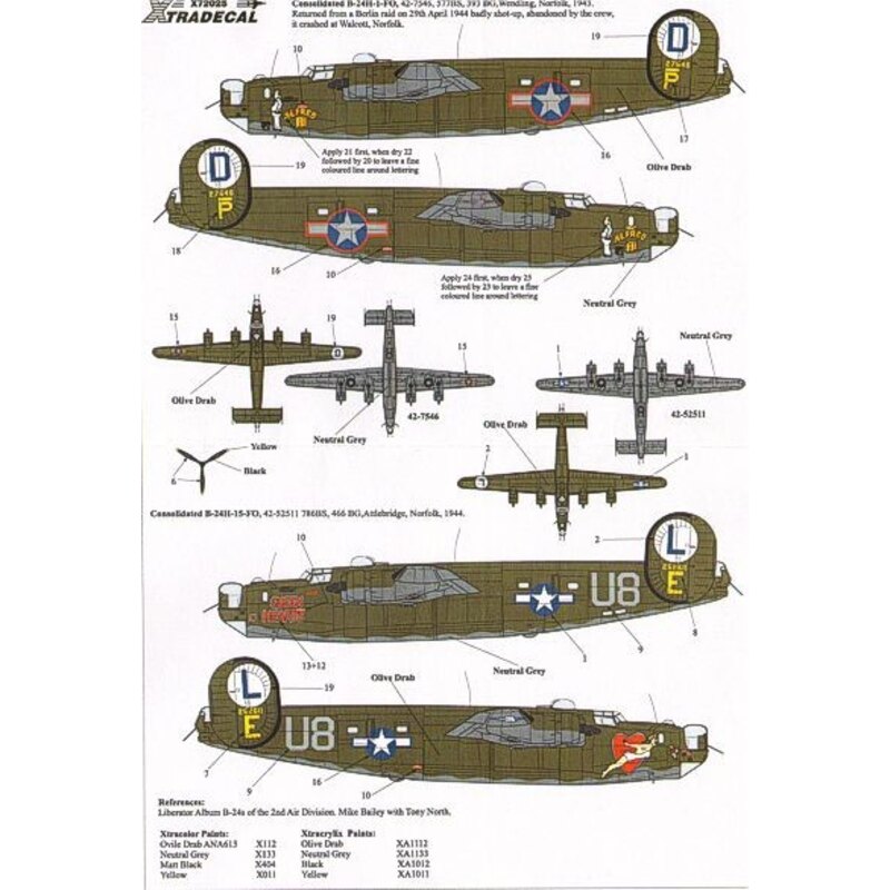 Décal Consolidated B-24H Liberator (2) 42-52511/U8-E Queen of Hearts 785BS466BS 42-7546/P Alfred II 577BS392BG. NOW WITH FULL CO